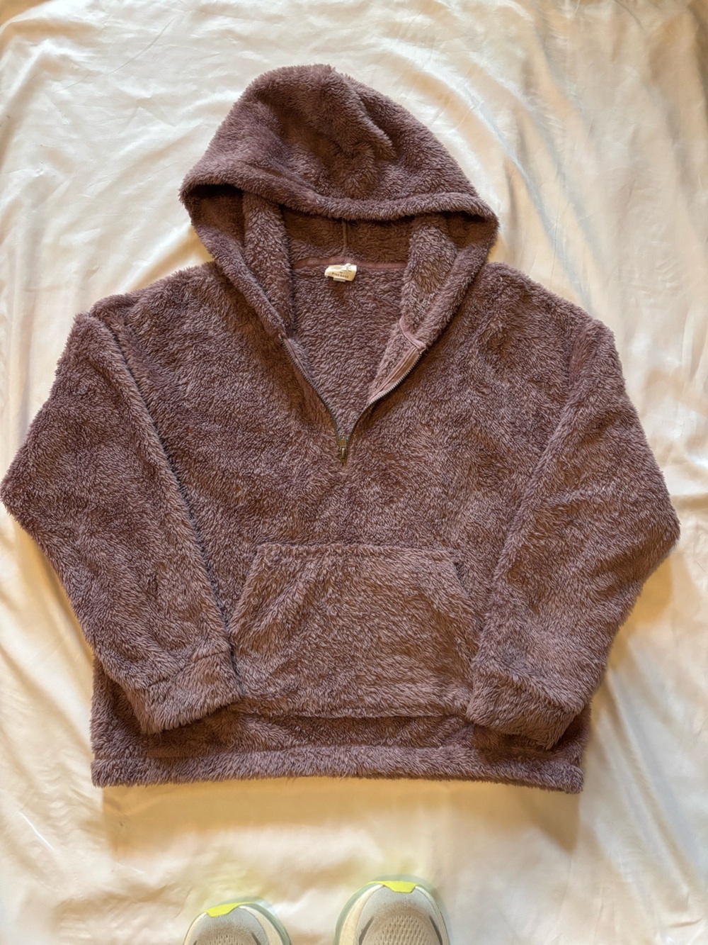 Plush Half-Zip Hooded Puffer Jacket — Dusty Mauve